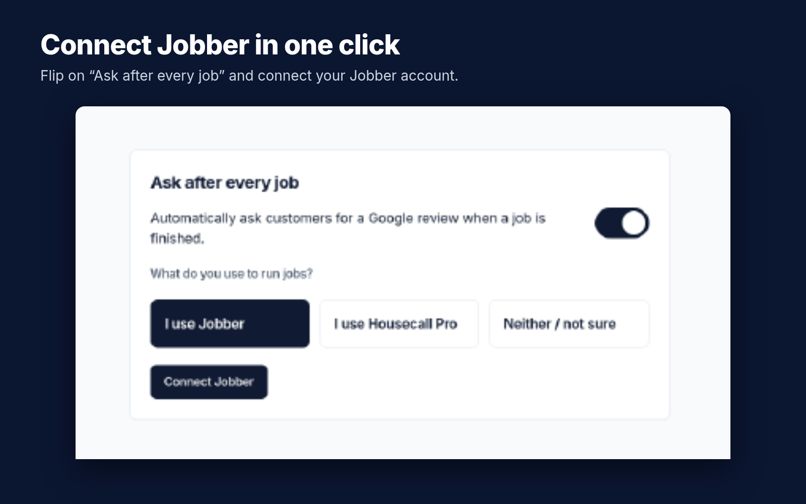 ReviewAsk settings: Ask after every job toggle and Connect Jobber button