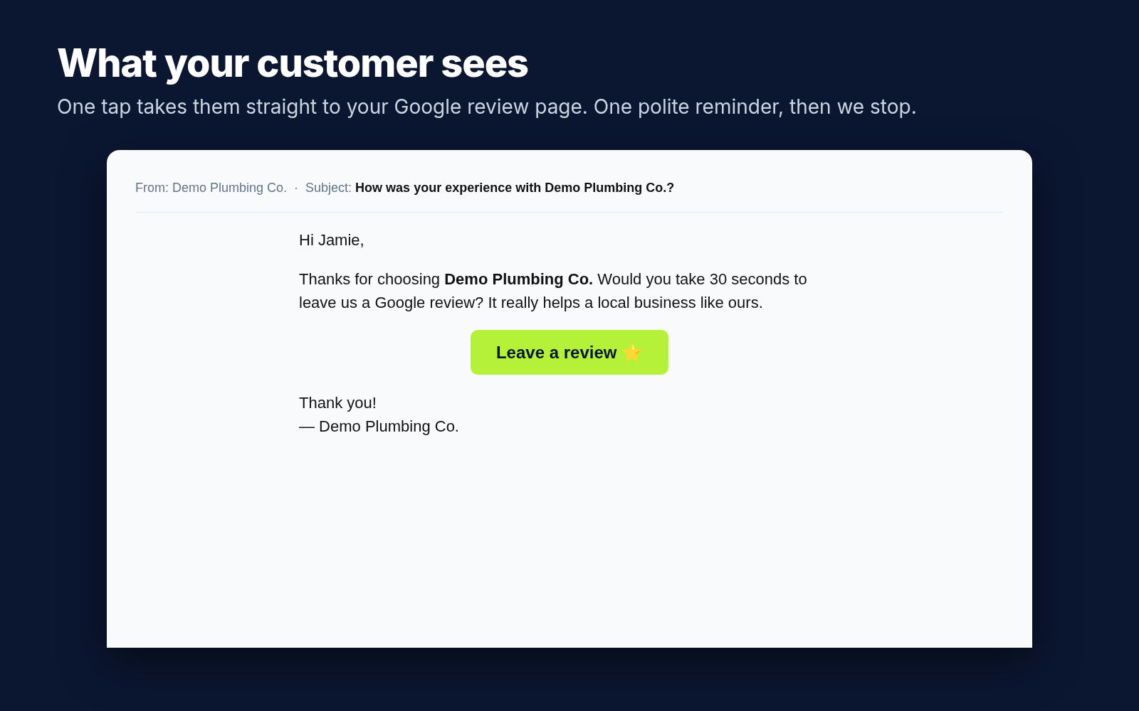 Example ReviewAsk review request email with a Leave a review button